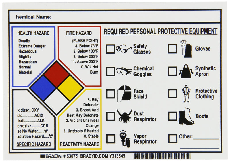 Brady 53075 Pressure Sensitive Vinyl Write On Right-To-Know NFPA Protective Equipment Labels , Black, Red, Blue, Yellow On White, 3 1/2" Height x 5" Width