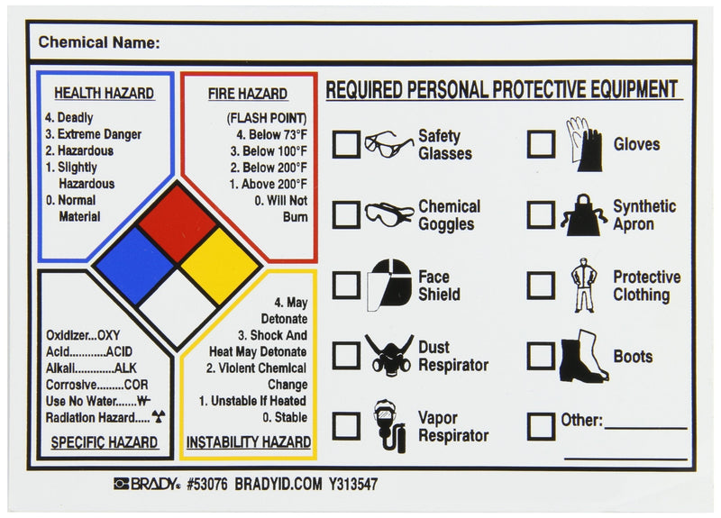 Brady 53076 Pressure Sensitive Vinyl Write On Right-To-Know NFPA Protective Equipment Labels , Black, Red, Blue, Yellow On White, 5" Height x 7" Width