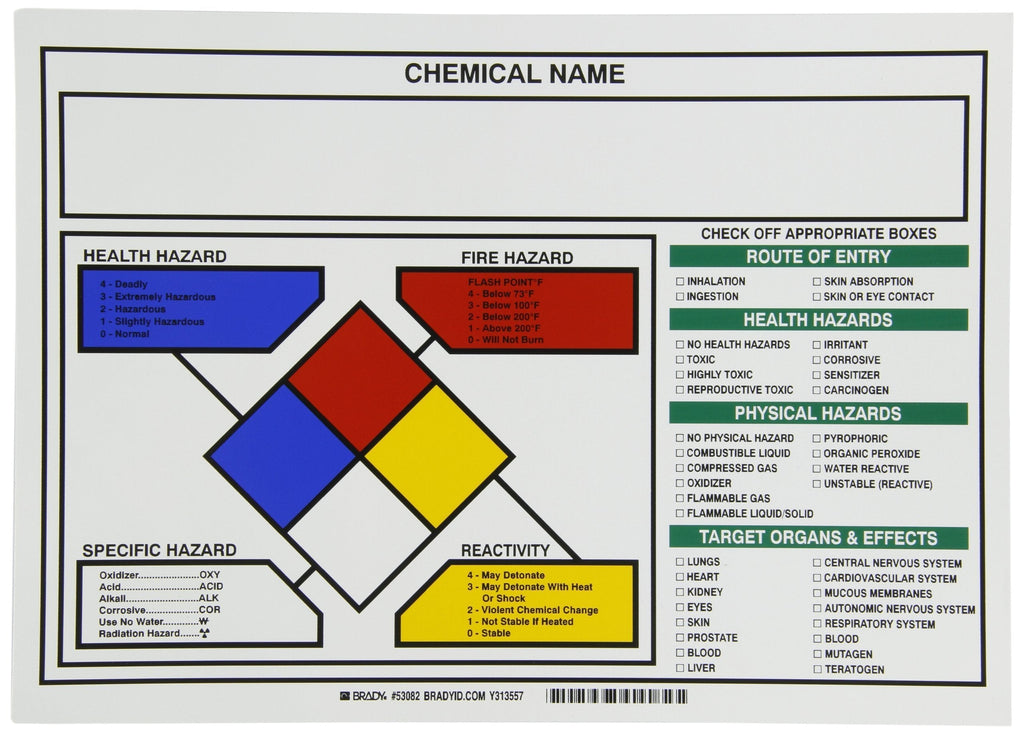 Brady 53082 Pressure Sensitive Vinyl Write On Right-To-Know NFPA Protective Equipment Labels , Black, Red, Blue, Yellow On White, 10" Height x 14" Width