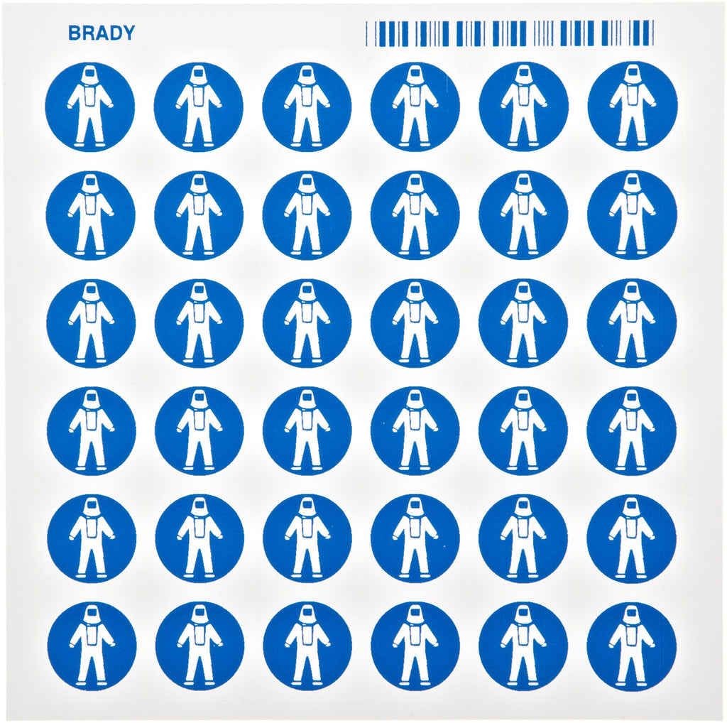 Brady 58565 Pressure Sensitive Vinyl Right-To-Know Pictogram Labels , Blue On White, 3/4" Height x 3/4" Width, Pictogram "Full Protection Suit" (36 Per Card, 1 Card per Package)