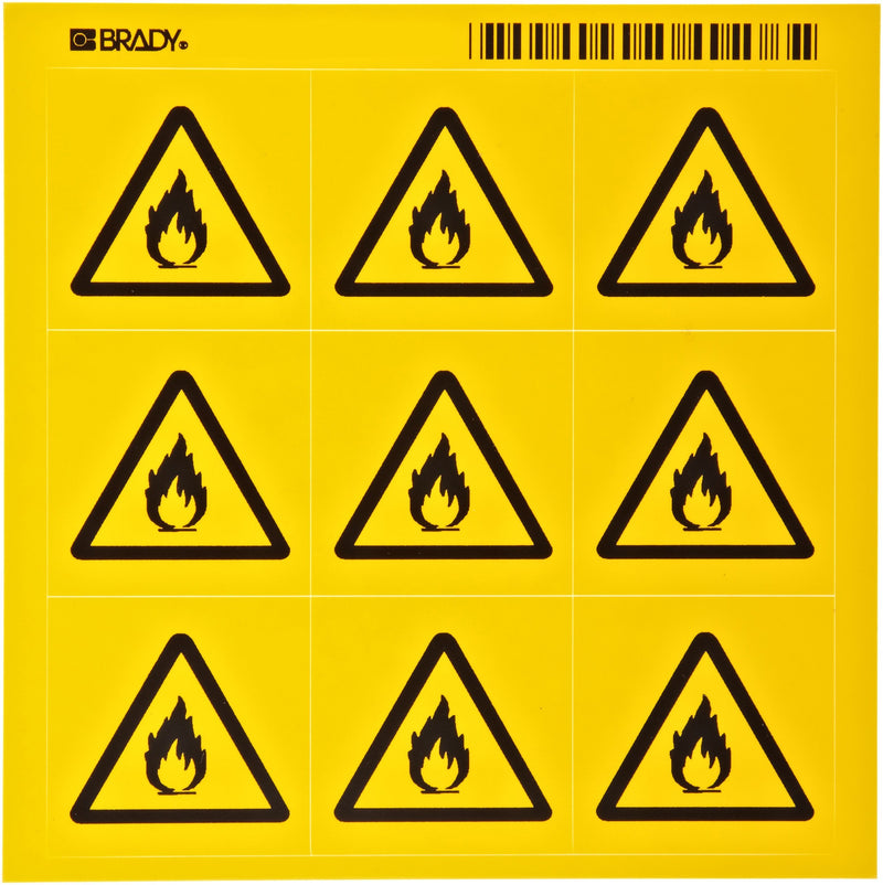 Brady 58582 Pressure Sensitive Vinyl Right-To-Know Pictogram Labels , Black On Yellow, 1 1/2" Height x 1 1/2" Width, Pictogram "Flammable" (9 Per Card, 1 Card per Package)