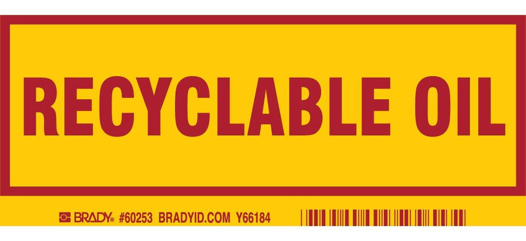 Brady 60253 Laminated Polyester Container Label , Red On Yellow, 3" Height x 7" Width, Legend "Recyclable Oil" (25 Labels per Package)