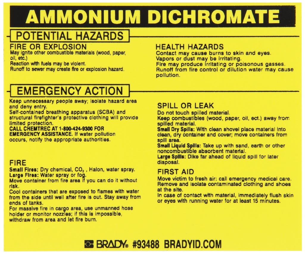 Brady 93488 Vinyl Hazardous Material Label , Black On Yellow, 3 3/4" Height x 4 1/2" Width, Legend "Ammonium Dichromate" (25 Labels per Package)