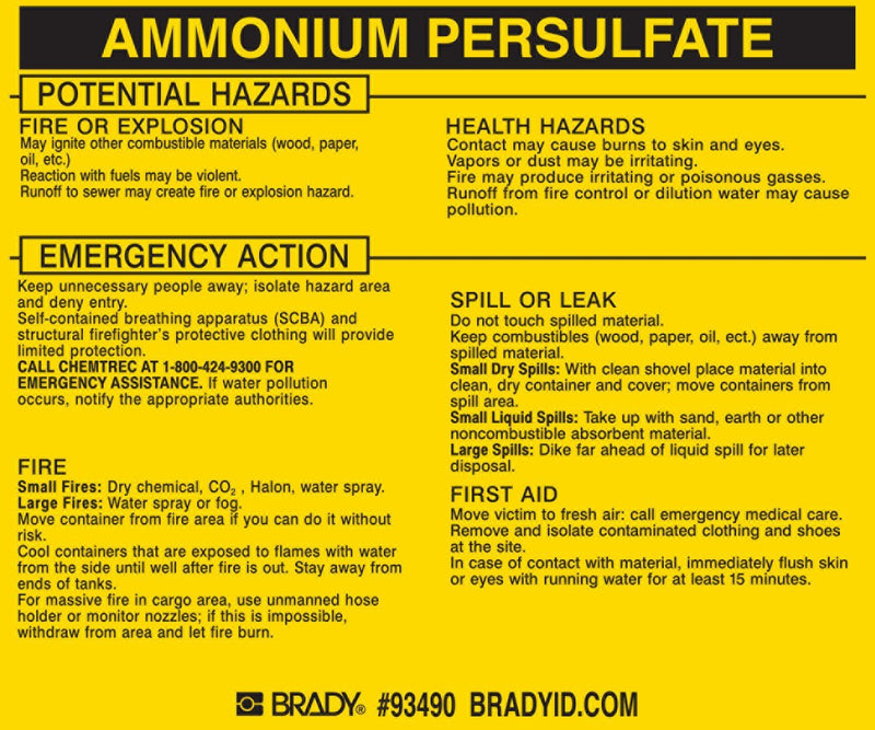 Brady 93490 Vinyl Hazardous Material Label , Black On Yellow, 3 3/4" Height x 4 1/2" Width, Legend "Ammonium Labels persulfate" (25 Labels per Package)