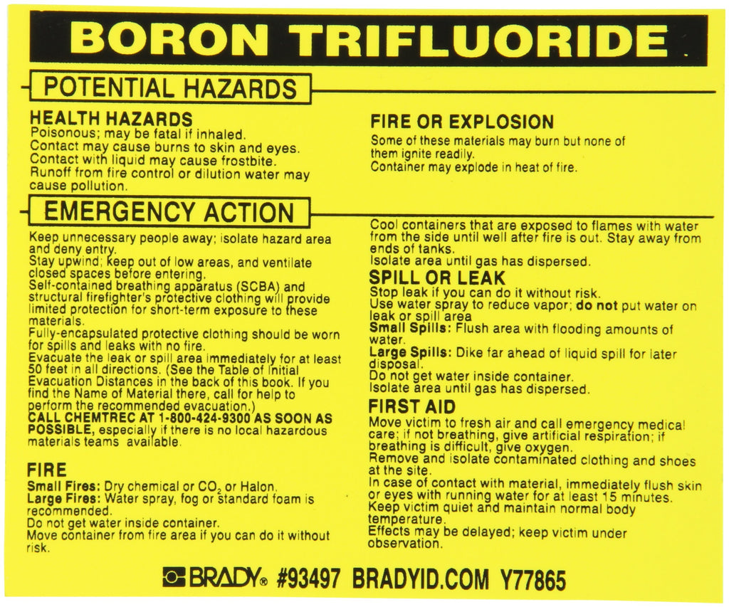 Brady 93497 Vinyl Hazardous Material Label , Black On Yellow, 3 3/4" Height x 4 1/2" Width, Legend "Boron Trifluoride" (25 Labels per Package)