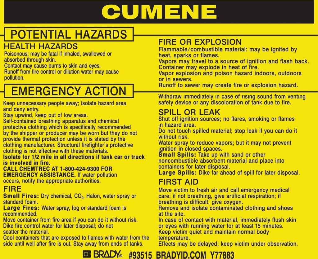 Brady 93515 Vinyl Hazardous Material Label , Black On Yellow, 3 3/4" Height x 4 1/2" Width, Legend "Cumene" (25 Labels per Package)