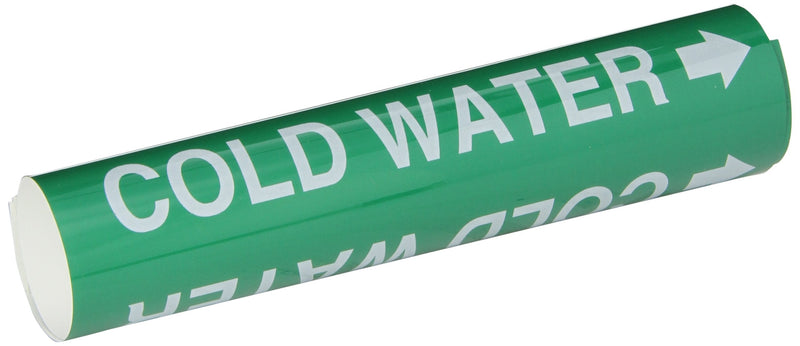 Brady 5658-I High Performance - Wrap Around Pipe Marker, B-689, White On Green Pvf Over-Laminated Polyester, Legend "Cold Water"
