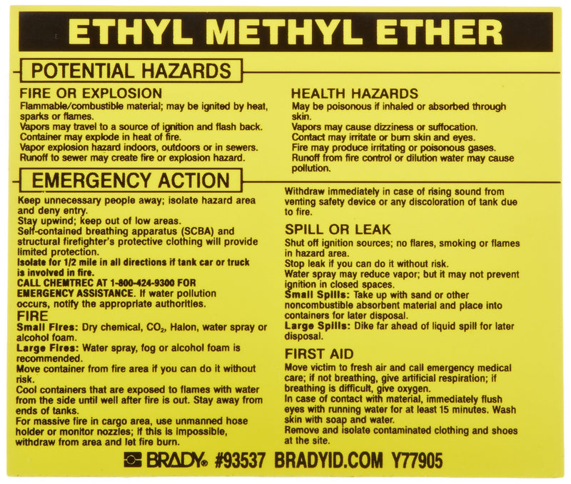 Brady 93537 Vinyl Hazardous Material Label , Black On Yellow, 3 3/4" Height x 4 1/2" Width, Legend "Ethyl Methyl Ether" (25 Labels per Package)