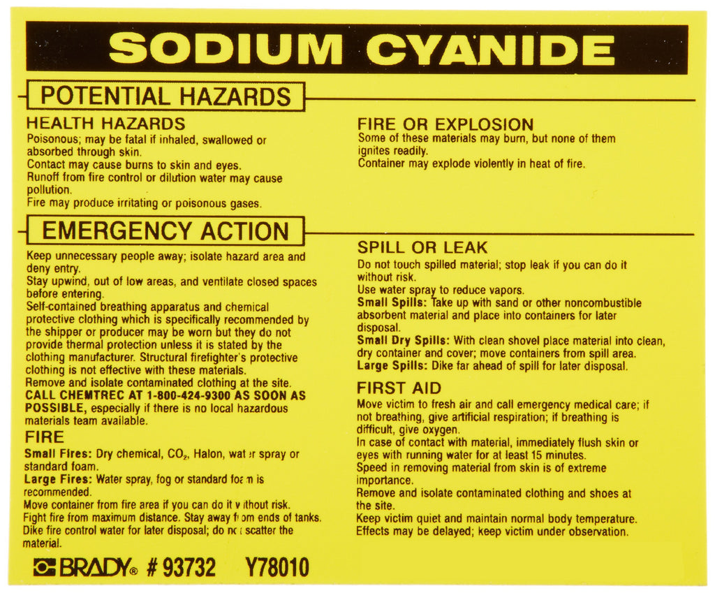 Brady 93732 Vinyl Hazardous Material Label , Black On Yellow, 3 3/4" Height x 4 1/2" Width, Legend "Sodium Cyanide" (25 Labels per Package)