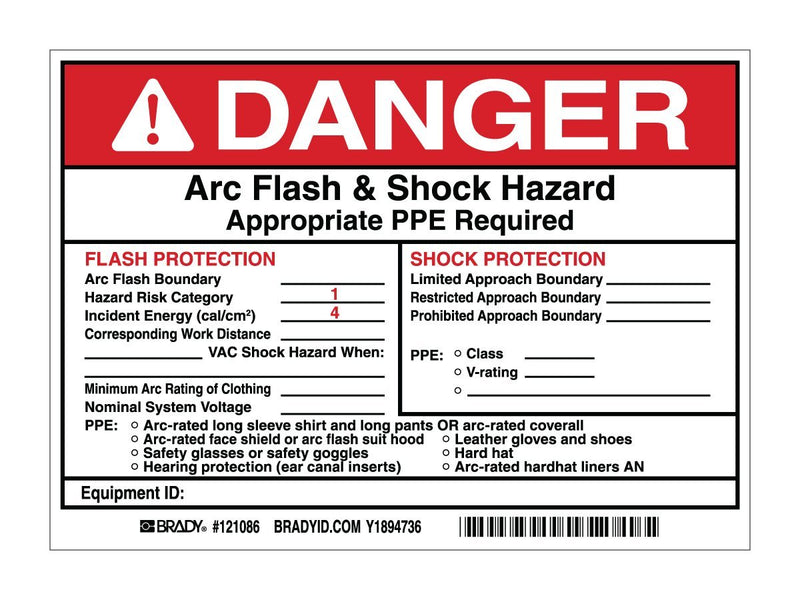 Brady 121086 Vinyl Preprinted Arc Flash & Shock Labels, Black and Red on White, 5" Height x 7", Legend "Danger Arc Flash & Shock Hazard Appropriate Ppe Required Flash Protection Flash Hazard Category 1..." (5 Labels per Package)