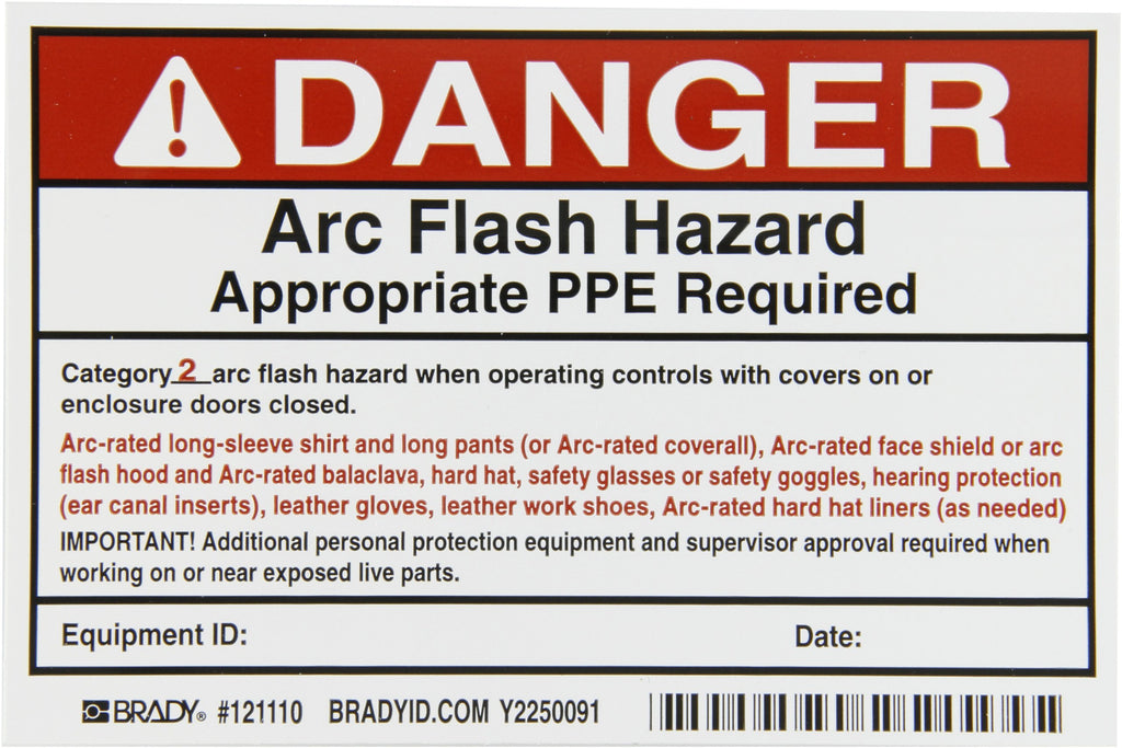 Brady 121110 Vinyl Film Low Risk Arc Flash Labels, Black/Red On White, 4" Height x 6" Width, Legend "Danger Arc Flash Hazard Appropriate Ppe Required Category 2 Arc Flash Hazard When OLabels perating Controls With Covers On Or Enclosure Doors Closed......