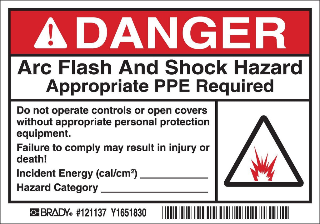 Brady 121137 Vinyl Film 3.5" x 5" Arc Flash & Shock Labels (Danger, Pictogram) , Black/Red/White On White, 3.5" Height x 5", Legend "Danger Arc Flash And Shock Hazard Appropriate Ppe Required Do Not Operate Controls Or Open Covers Without Appropriate P...