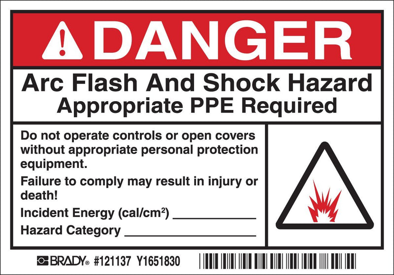 Brady 121137 Vinyl Film 3.5" x 5" Arc Flash & Shock Labels (Danger, Pictogram) , Black/Red/White On White, 3.5" Height x 5", Legend "Danger Arc Flash And Shock Hazard Appropriate Ppe Required Do Not Operate Controls Or Open Covers Without Appropriate P...