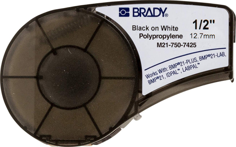 Brady Authentic (M21-500-7425) Chemical and Temperature Resistant Label for Laboratory, Asset Tracking, and Datacom Labeling, Black on White material - Designed for BMP21-PLUS and BMP21-LAB Label Printers, .5" Width, 21' Length .5"