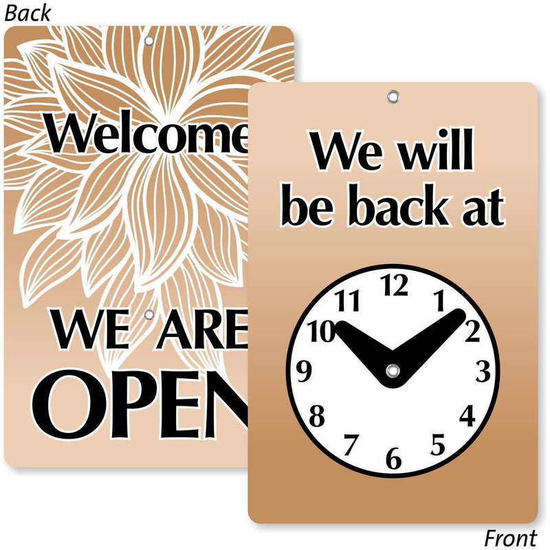 SmartSign “Will Be Back/Welcome We are Open” Two Sided Be Back Clock Sign | 7.75" x 4.75" Plastic Black and Brown