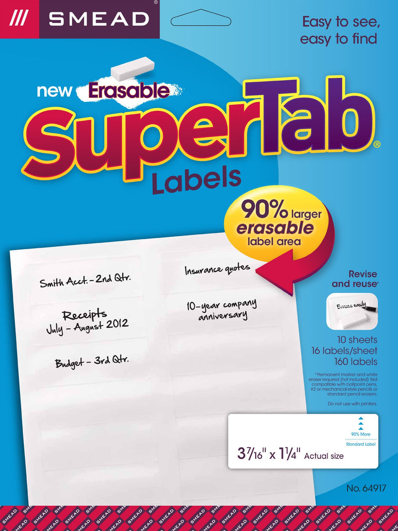 Smead Erasable SuperTab File Folder Labels, White, 160 Labels per Pack (64917)