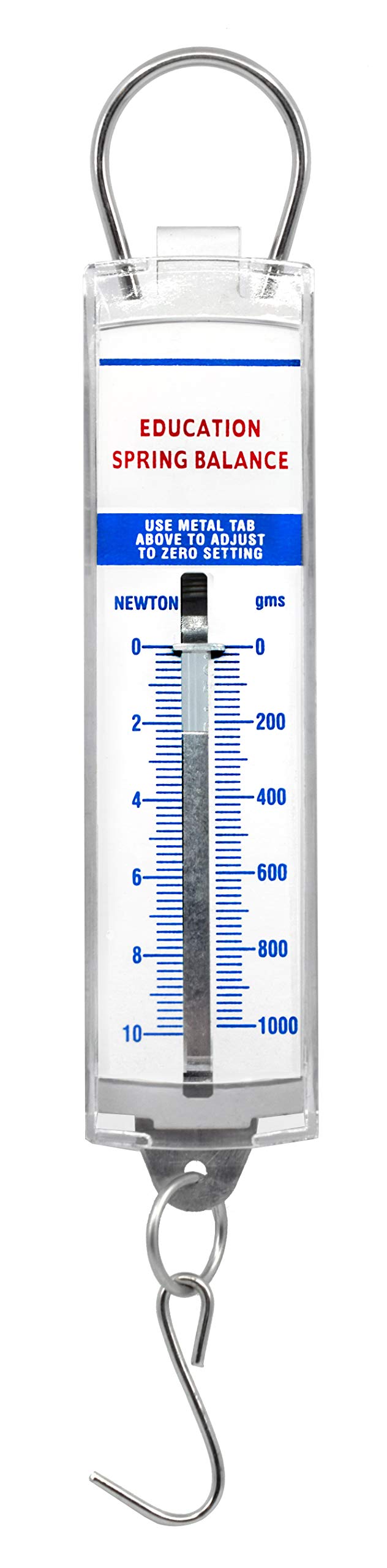 Premium Spring Balance, 0-1000g / 0-10N - High Resolution, Dual Transparent Scale, Newtons & Grams - Zero Calibration Capability - Acrylic Body - Eisco Labs PH0024 PH0024D