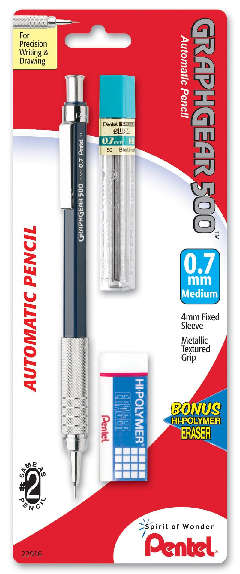 Pentel Drafting Kit with Graph Gear 500 Automatic Drafting Pencil, 0.7mm, Blue Barrel, Lead and Mini Eraser (PG527LEBP) 1 Pack w/ Lead & Eraser