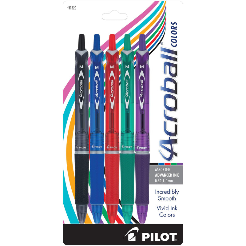 PILOT Acroball Colors Advanced Ink Refillable & Retractable Ball Point Pens, Medium Point, Black/Blue/Red/Green/Purple Inks, 5-Pack (31820)