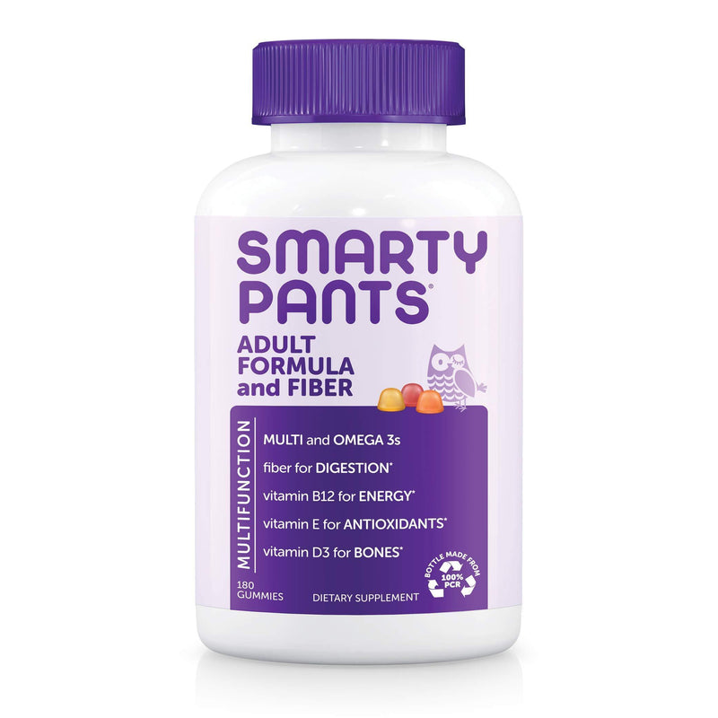 SmartyPants Daily Gummy Multivitamin Adult w/ Fiber: Fiber for Digestive Support, Vitamin C, D3, & Zinc for Immunity, Omega 3 Fish Oil, Vitamin B6, E, Methyl B12, 180 count (30 Day Supply) Adult Formula + Fiber
