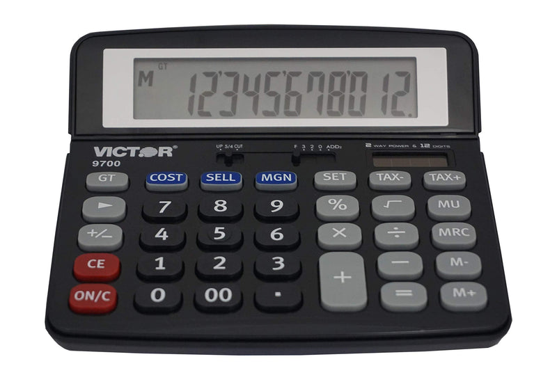 Victor 9700 12-Digit Standard Function Business Calculator, Battery and Solar Hybrid Powered Tilt LCD Display, Great for Home and Office Use, Black