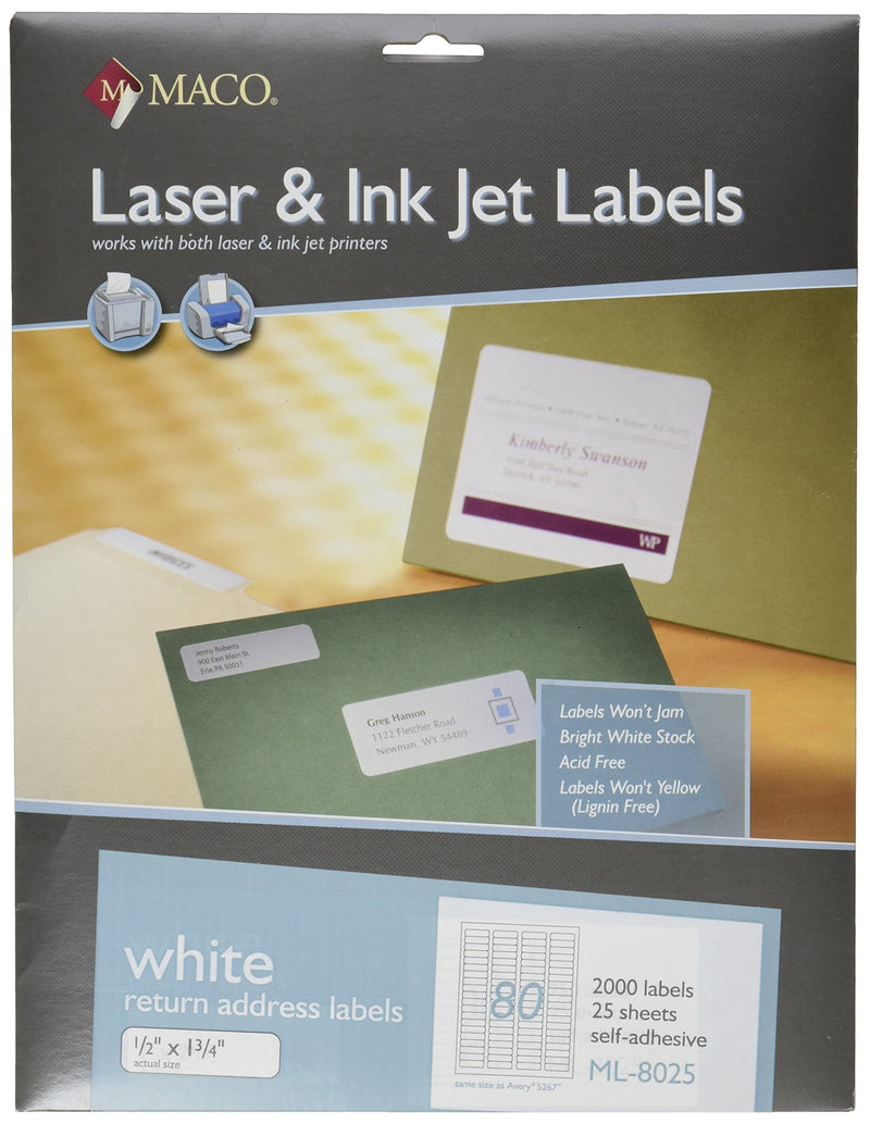 MACO Laser/Ink Jet White Return Address Labels, 1/2 x 1-3/4 Inches, 80 Per Sheet, 2000 Per Pack (ML-8025)