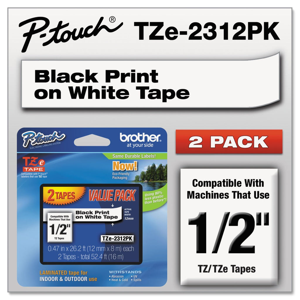 Brother TZE2312PK TZe Standard Adhesive Laminated Labeling Tapes 1/2"w, Black on White, 2/PK