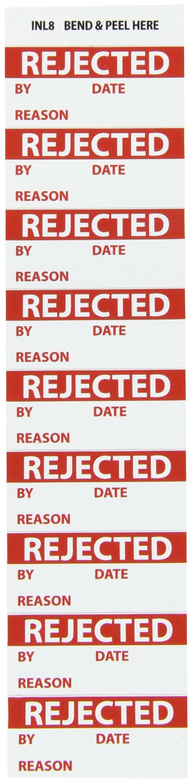 NMC INL8 Inspection Label, Legend"Rejected", 2-1/4 Length x 1" Height, Pressure Sensitive Vinyl, Red on White (Pack of 27)