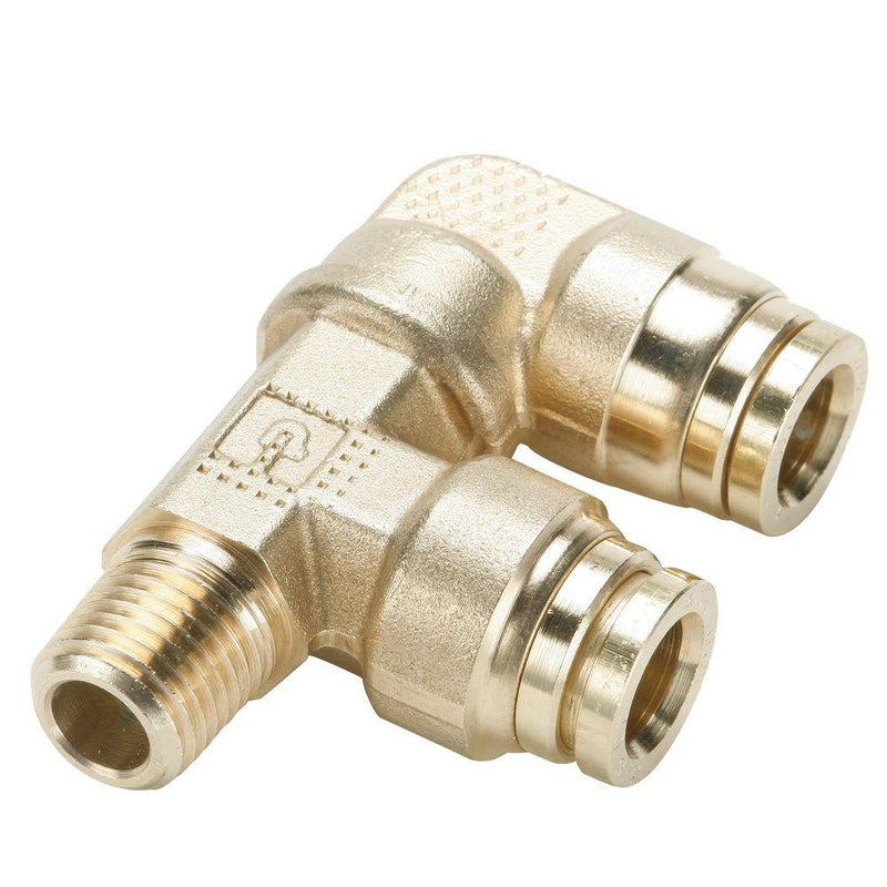 Parker 189PMTR6-4-6 Brass Push-to-Connect D.O.T. Fitting, Tube to Pipe, Brass, Push-to-Connect 90 Degree Dual Port Elbow, 3/8" and 1/4"