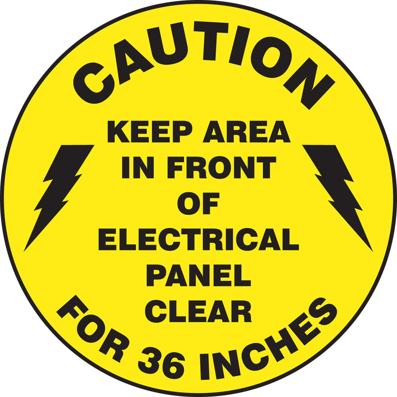 Accuform Signs MFS865 Slip-Gard Adhesive Vinyl Round Floor Sign, Legend"Caution Keep Area in Front of Electrical Panel Clear for 36 INCHES", 8" Diameter, Black on Yellow