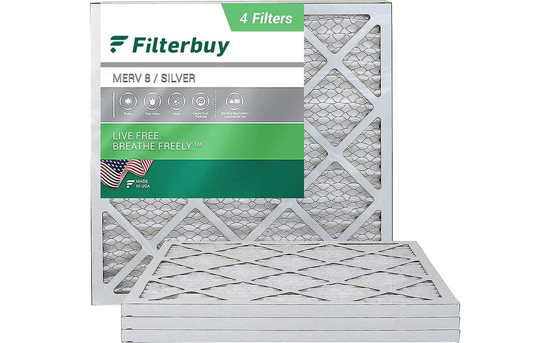 FilterBuy 10x10x1 Air Filter MERV 8, Pleated HVAC AC Furnace Filters (4-Pack, Silver)