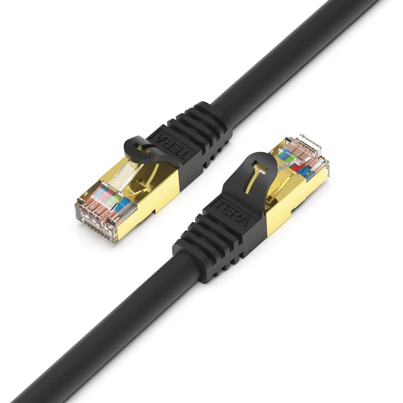 Tera Grand - 50FT - Premium CAT7 Double Shielded 10 Gigabit 600MHz Ethernet Patch Cable for Modem Router LAN Network, Gold Plated Shielded RJ45 Connectors, Faster Than CAT6a CAT6 CAT5e, Black 50 FT Black - Round