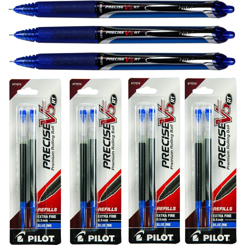 Pilot Precise V5 Rt, 3 Pens 26063 with 4 Packs of Refills, Blue Ink, 0.5mm XF