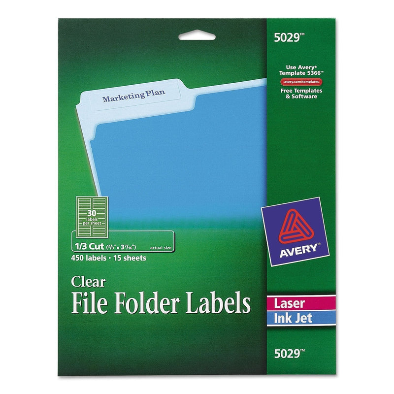 Avery 5029 Clear File Folder Labels, 1/3 Cut, 2/3 x 3-7/16, 450/Pack