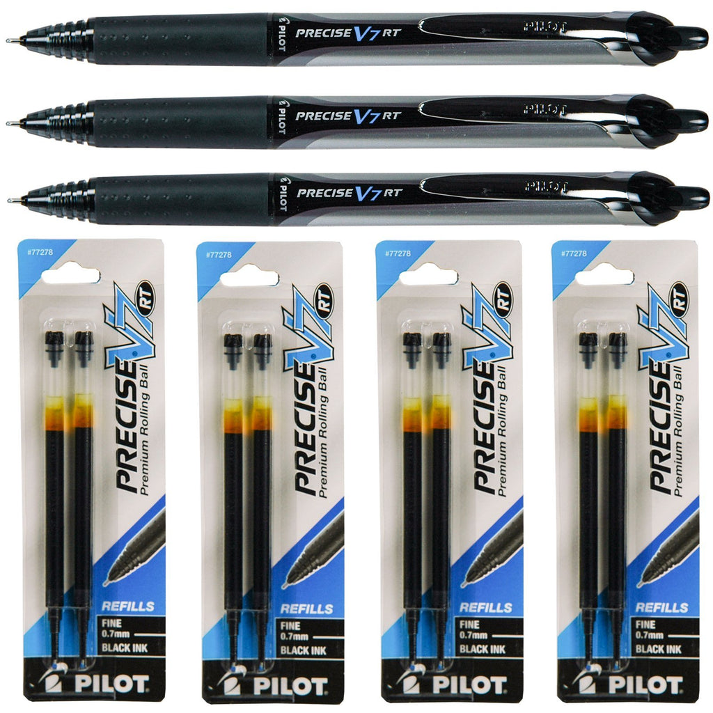 Pilot Precise V7 Rt Retractable, Black Ink, 0.7mm Fine Point, 3 Pens with 4 Packs of Refills 1