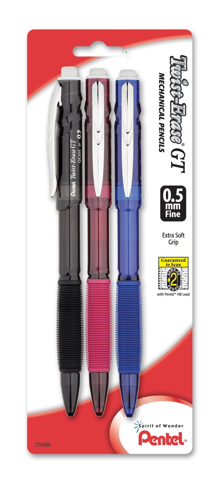 Pentel Twist-Erase GT (0.5mm) Mechanical Pencil, Assorted Barrel Colors, Color May Vary, Pack of 3 (QE205BP3M)