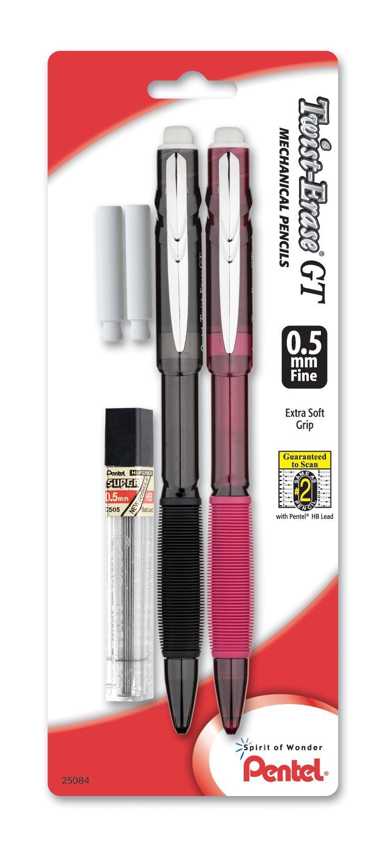 Pentel Twist-Erase GT (0.5mm) Mechanical Pencil, Lead, 2 Erasers, Assorted Barrel Colors, Color May Vary, Pack of 2 (QE205LEBP2M)