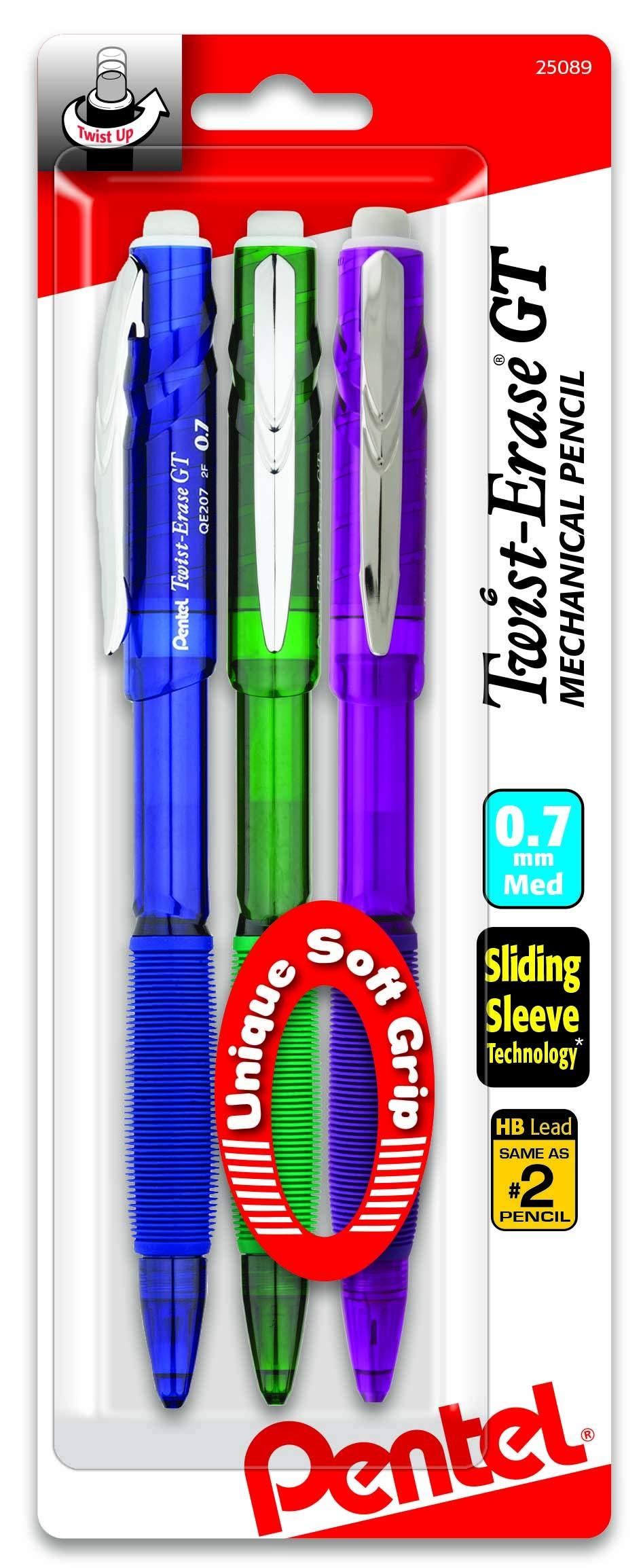 Pentel Twist-Erase GT (0.7mm) Mechanical Pencil, Assorted Barrel Colors, Color May Vary, Pack of 3 (QE207BP3M)