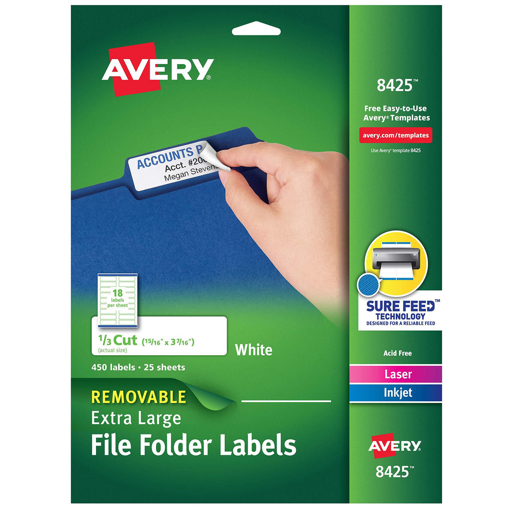 Avery Removable Extra Large File Folder Labels, 1/3 Cut, White, Pack of 450 (8425)