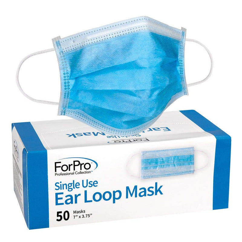 ForPro Single Use Ear Loop Mask, 3-Ply Disposable Face Mask with Elastic Ear Loop, Breathable, Non-Woven, Hypoallergenic, Blue, 50-Count