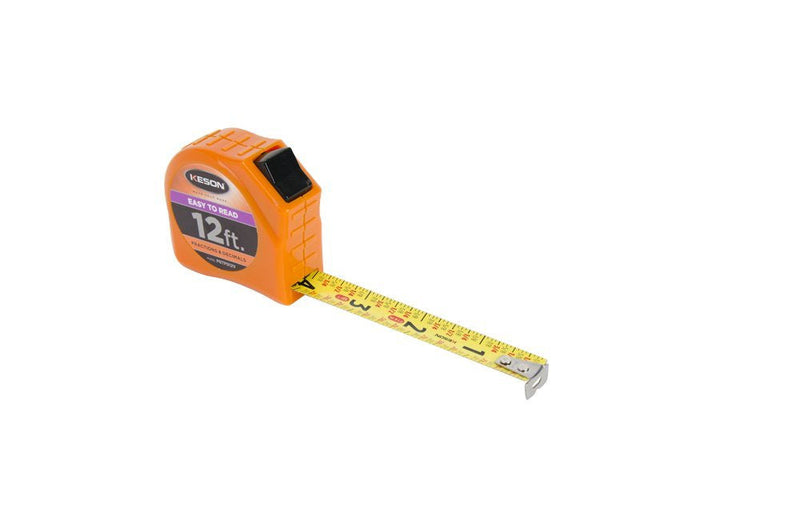Keson Tape Measure, 5/8 In x 12 ft, Orange, In/Ft (PGTFD12V) 12 ft. Length x 5/8" Width Units: Vertical Reading Fractional (ft, in, 1/8, 1/16) & Decimal (.125, .250, .375, etc.); Blade: A7
