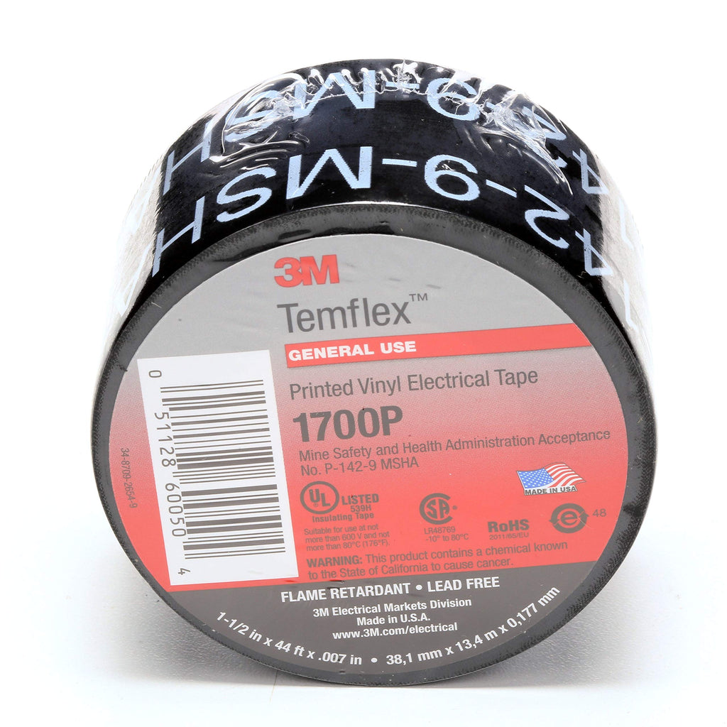 3M Temflex Mining-Grade Vinyl Electrical Tape 1700P, 1-1/2" x 66 feet, Printed, Black, 1 Roll 1 1/2" X 66'