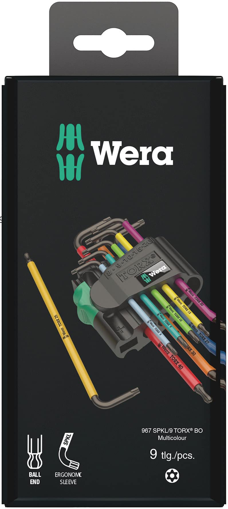 Wera 05073599001 967 Spkl/9 Torx Bo Multicolor L-Key Set for Tamper-Proof Torx Screws, Blacklaser, 9 Pieces Original Version