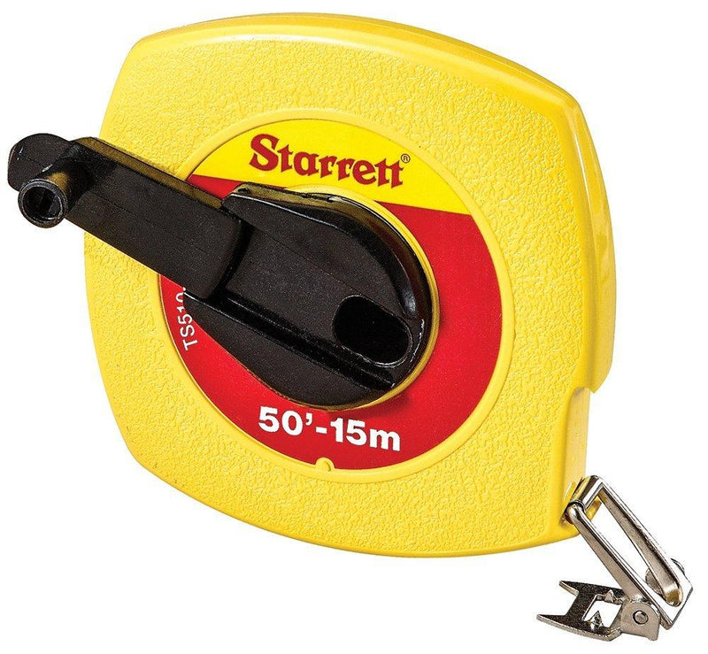 Starrett KTS510-50ME-N ABS Plastic Yellow Case Closed Reel Steel Long Tape, English/Metric Graduation Style, 50' (15m) Length, 0.375" (15mm) Width, 0.125" Graduation Interval
