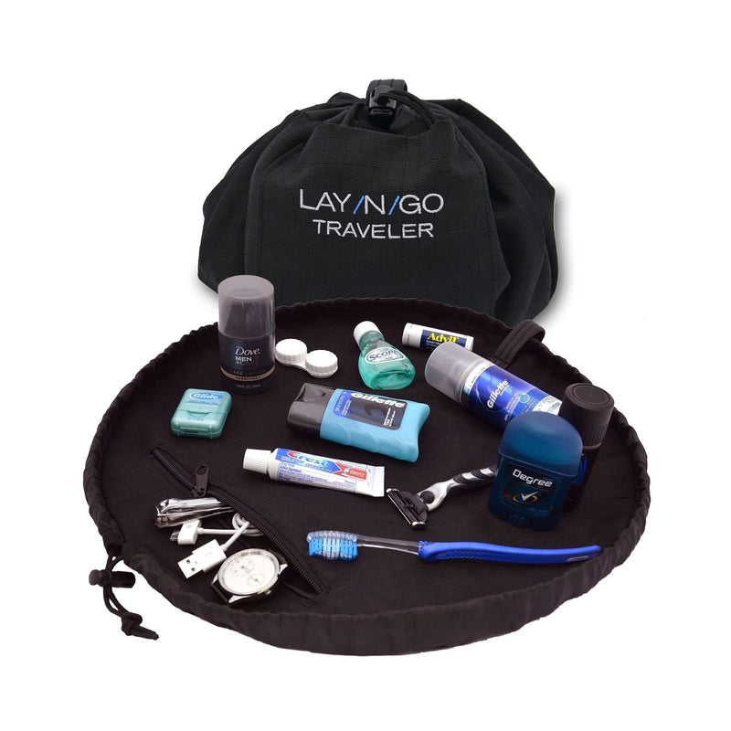 Lay-n-Go Traveler Essentials Drawstring Shaver & Dopp Kit Toiletry Carry On Organizer & Travel Bag for Men and Women, Machine Washable with a Durable Patented Design, 20 inch, Black