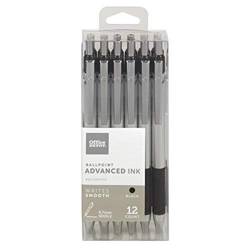 Office Depot Advanced Ink Retractable Ballpoint Pens, Needle Point, 0.7 mm, Silver Barrel, Black Ink, Pack Of 12