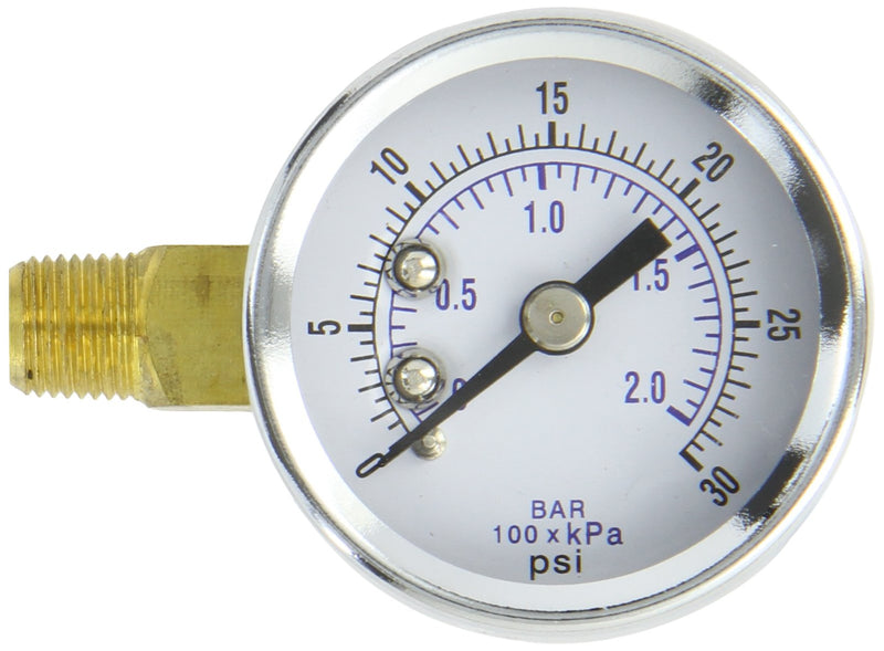 PIC Gauge 101D-158C-LEFT 1.5" Dial, 0/30 psi Range, 1/8" Male NPT Connection Size, Left Side Bottom Mount Dry Pressure Gauge with a Black Steel Case, Brass Internals, Chrome Bezel, and Plastic Lens