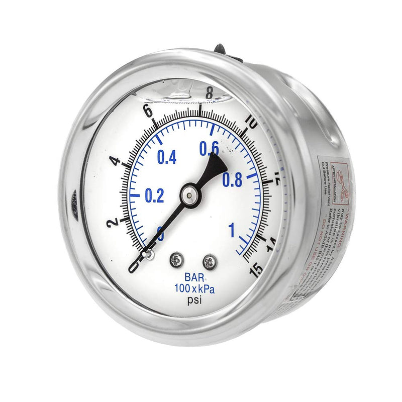 PIC Gauge PRO-202L-254B Glycerin Filled Industrial Center Back Mount Pressure Gauge with Stainless Steel Case, Brass Internals, Plastic Lens, 2-1/2" Dial Size, 1/4" Male NPT, 0/15 psi 0 - 15 PSI