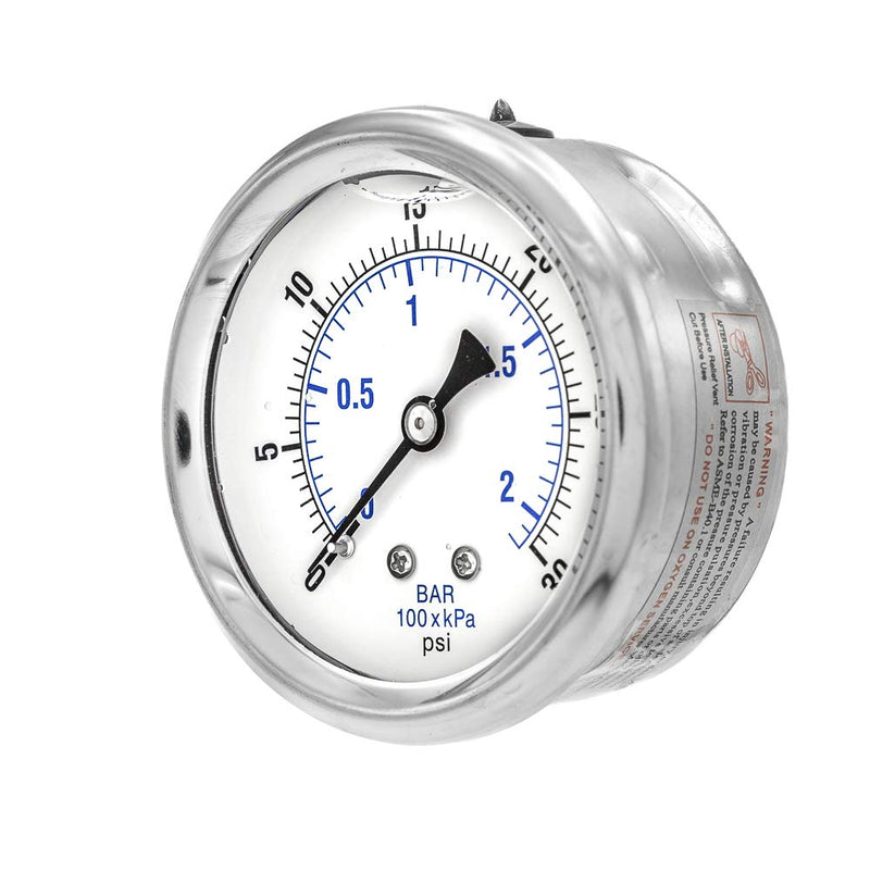 PIC Gauge PRO-202L-254C Glycerin Filled Industrial Center Back Mount Pressure Gauge with Stainless Steel Case, Brass Internals, Plastic Lens, 2-1/2" Dial Size, 1/4" Male NPT, 0/30 psi 0 - 30 PSI