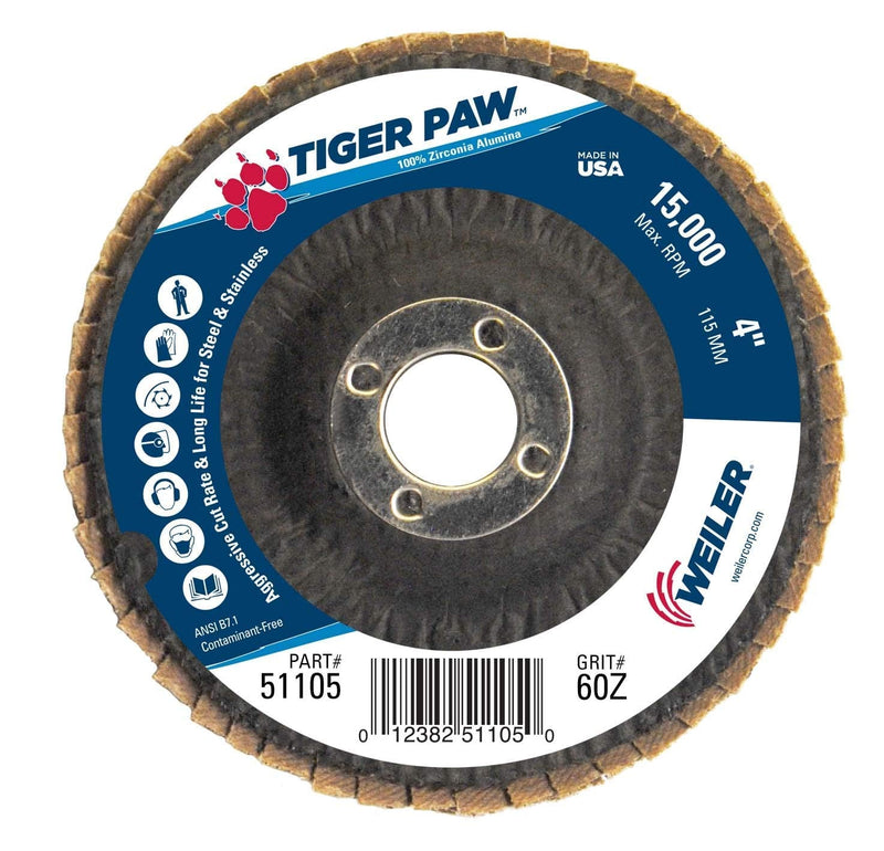Weiler 51105 4" Tiger Paw Abrasive Flap Disc, Conical (Ty29), Phenolic Backing, 60Z, 5/8" Arbor Hole, Made in The USA (Pack of 10) 60 Grit Type 29 5/8" Arbor